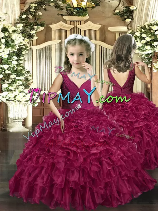 Romantic Floor Length Backless Ball Gown Prom Dress Burgundy and In with Beading and Ruffles