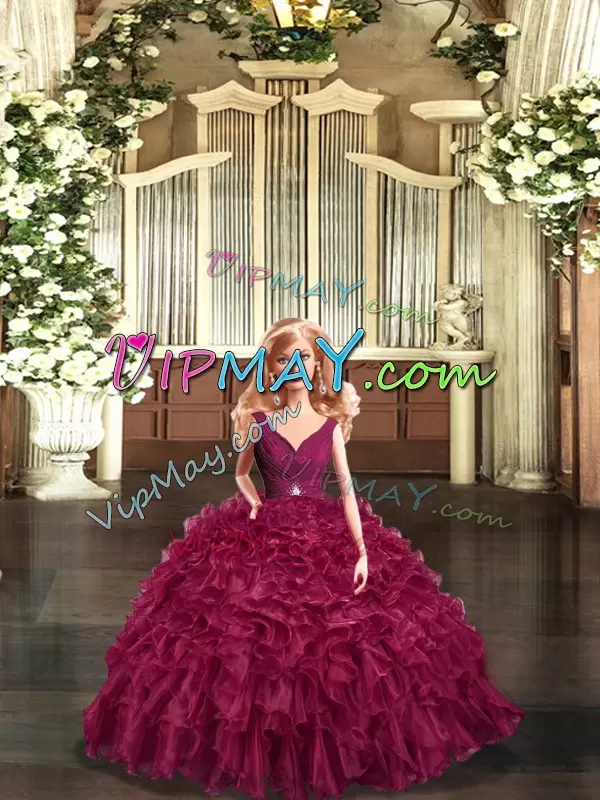 Romantic Floor Length Backless Ball Gown Prom Dress Burgundy and In with Beading and Ruffles