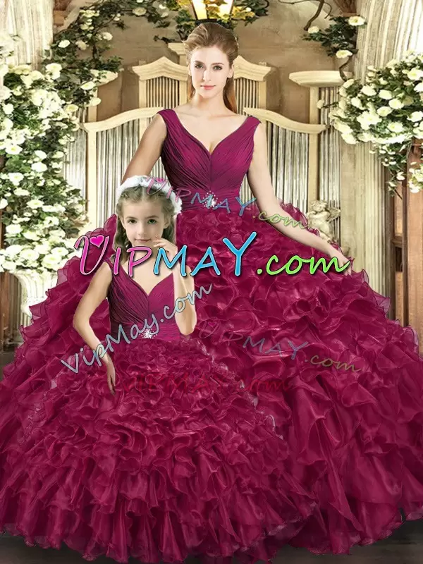 Romantic Floor Length Backless Ball Gown Prom Dress Burgundy and In with Beading and Ruffles