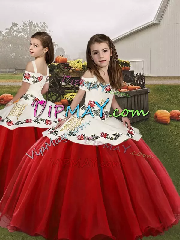 Floor Length White And Red Quince Ball Gowns Off The Shoulder Sleeveless Lace Up