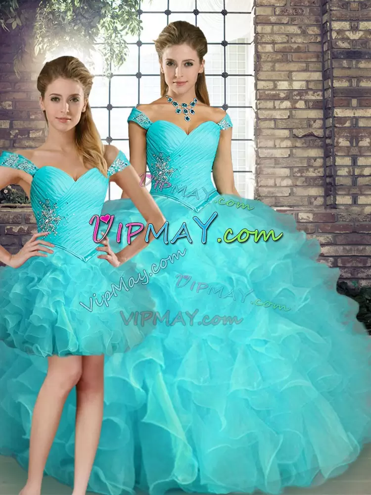 Admirable Sleeveless Floor Length Beading and Ruffles Lace Up Quinceanera Gowns with Aqua Blue