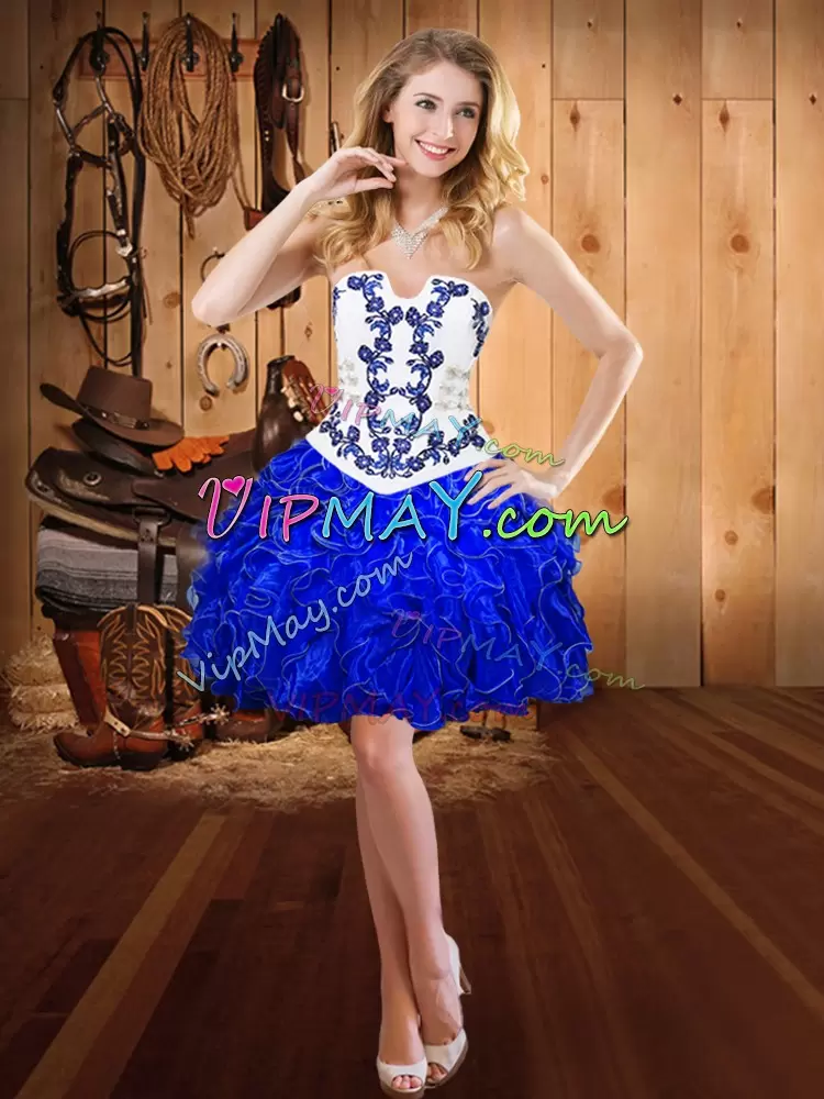 Hot Sale Strapless Sleeveless Lace Up Quinceanera Dress Blue And White Satin and Organza Embroidery and Ruffles