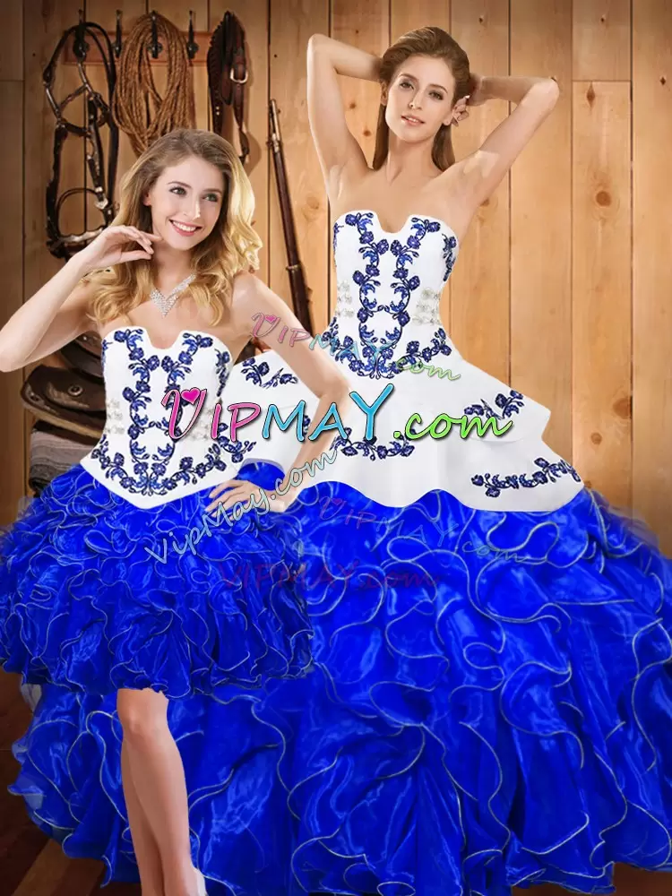 Hot Sale Strapless Sleeveless Lace Up Quinceanera Dress Blue And White Satin and Organza Embroidery and Ruffles