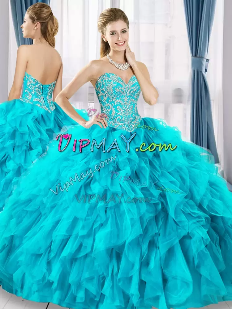 Blue Organza Lace Up 15th Birthday Dress Sleeveless Floor Length Beading and Ruffles