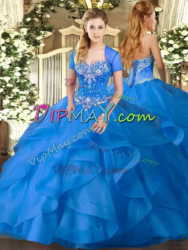 New Style Baby Blue Ball Gown Prom Dress Military Ball and Sweet 16 and Quinceanera with Beading and Ruffles Sweetheart Sleeveless Lace Up