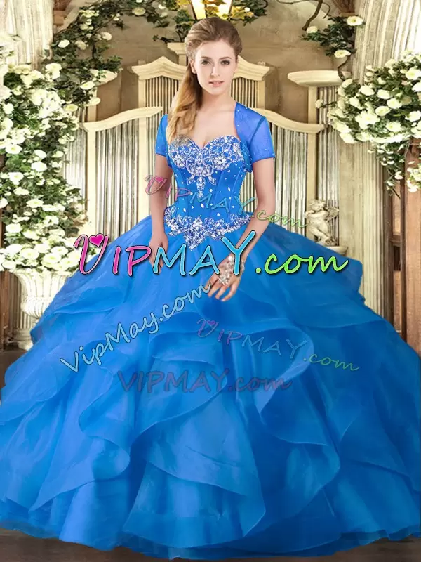 New Style Baby Blue Ball Gown Prom Dress Military Ball and Sweet 16 and Quinceanera with Beading and Ruffles Sweetheart Sleeveless Lace Up