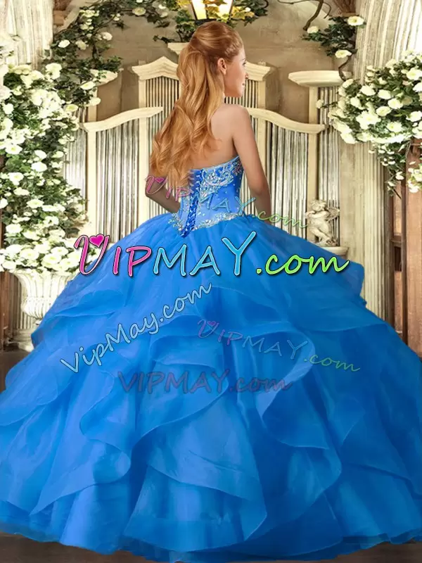 New Style Baby Blue Ball Gown Prom Dress Military Ball and Sweet 16 and Quinceanera with Beading and Ruffles Sweetheart Sleeveless Lace Up