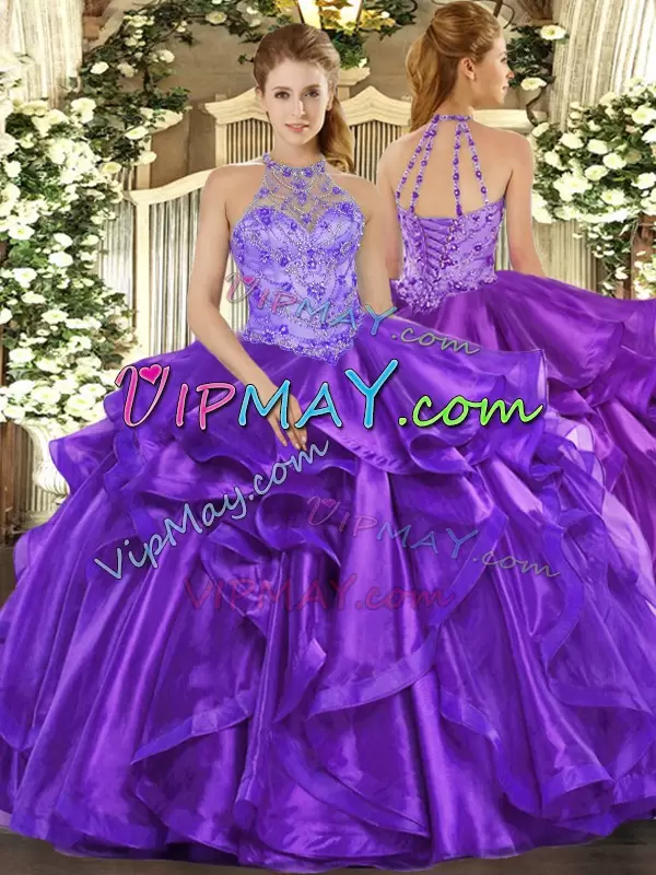 Fine Sleeveless Organza Floor Length Lace Up Quinceanera Dresses in Purple with Beading and Embroidery and Ruffles