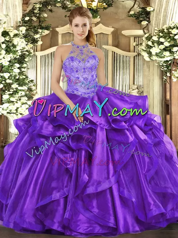 Fine Sleeveless Organza Floor Length Lace Up Quinceanera Dresses in Purple with Beading and Embroidery and Ruffles