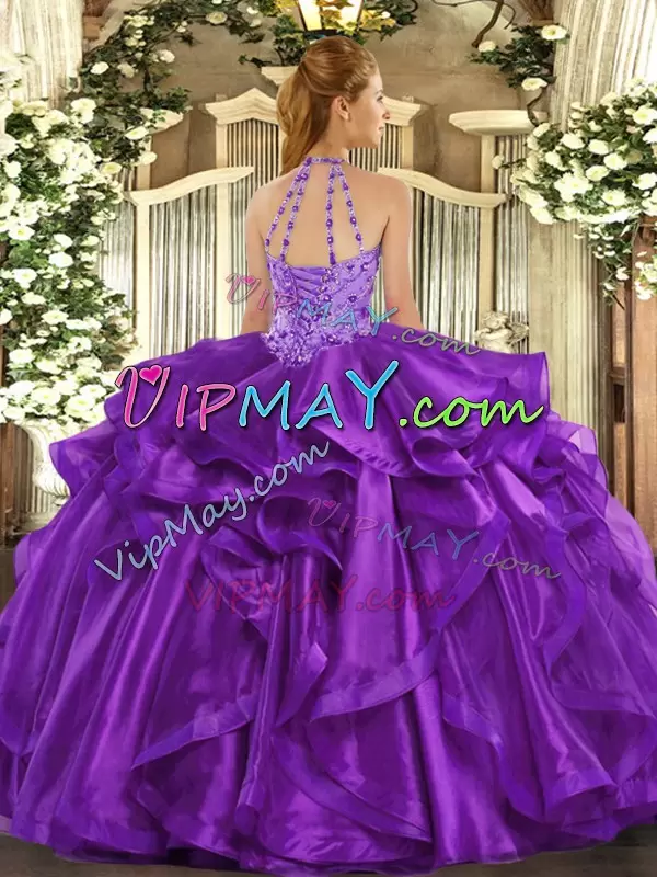 Fine Sleeveless Organza Floor Length Lace Up Quinceanera Dresses in Purple with Beading and Embroidery and Ruffles