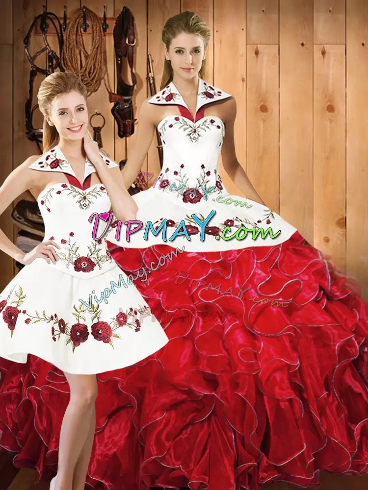 Traditional Three Pieces 15 Quinceanera Dress White And Red Halter Top Satin and Organza Sleeveless Floor Length Lace Up