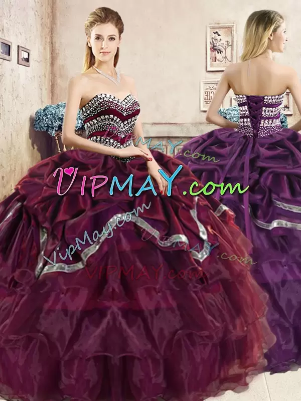 Burgundy and Purple Sleeveless Organza Lace Up Quinceanera Gown for Military Ball and Sweet 16 and Quinceanera