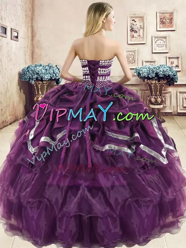 Burgundy and Purple Sleeveless Organza Lace Up Quinceanera Gown for Military Ball and Sweet 16 and Quinceanera