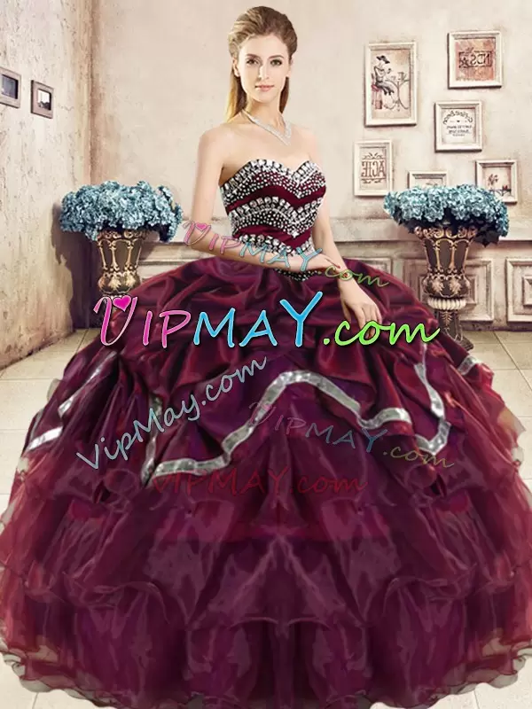 Burgundy and Purple Sleeveless Organza Lace Up Quinceanera Gown for Military Ball and Sweet 16 and Quinceanera