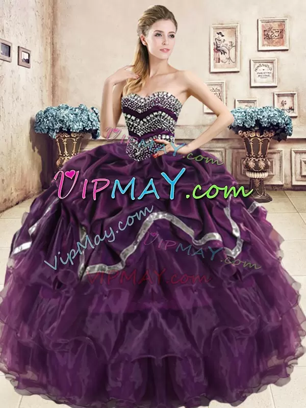 Burgundy and Purple Sleeveless Organza Lace Up Quinceanera Gown for Military Ball and Sweet 16 and Quinceanera