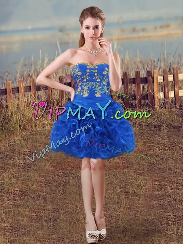 Fabric With Rolling Flowers Sweetheart Sleeveless Lace Up Embroidery Quinceanera Dress in Royal Blue