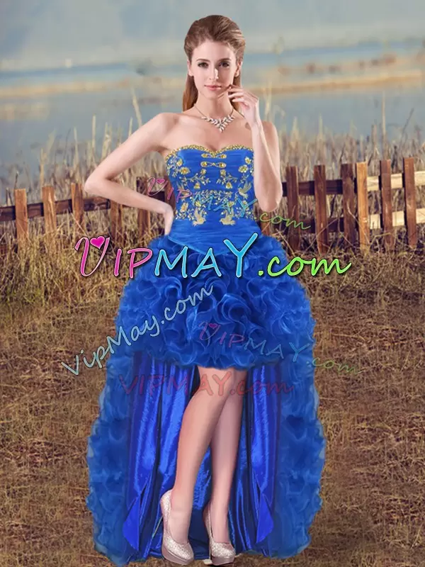 Fabric With Rolling Flowers Sweetheart Sleeveless Lace Up Embroidery Quinceanera Dress in Royal Blue