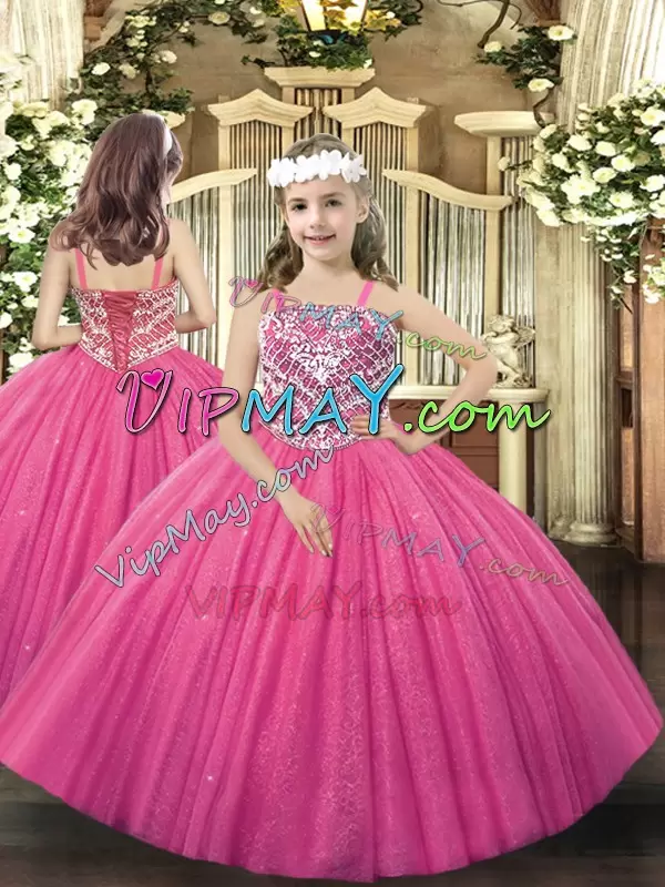 Simple Hot Pink Lace Up Quinceanera Gowns Beading Sleeveless Floor Length