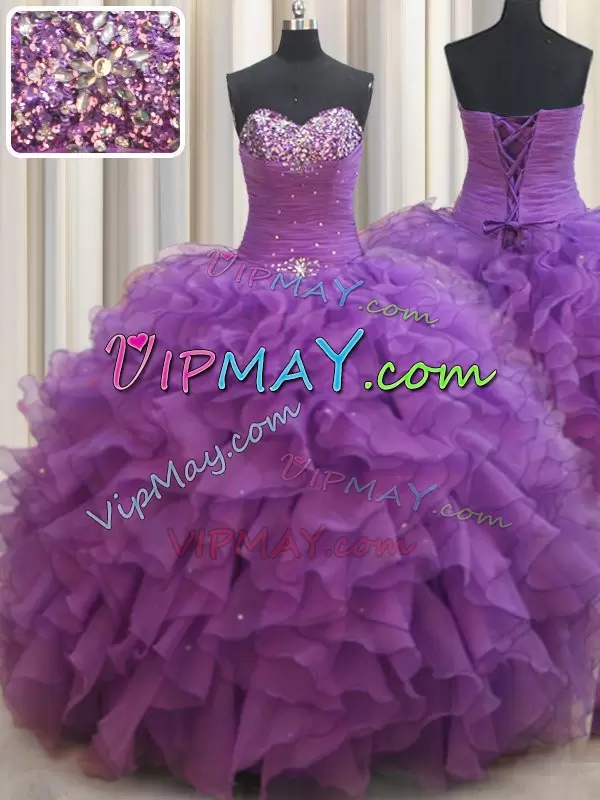 Eggplant Purple Lace Up Sweetheart Beading and Ruffles Sweet 16 Dress Organza Sleeveless