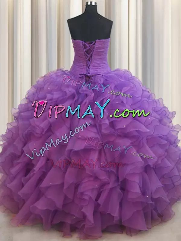 Eggplant Purple Lace Up Sweetheart Beading and Ruffles Sweet 16 Dress Organza Sleeveless