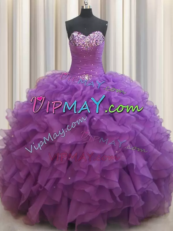 Eggplant Purple Lace Up Sweetheart Beading and Ruffles Sweet 16 Dress Organza Sleeveless