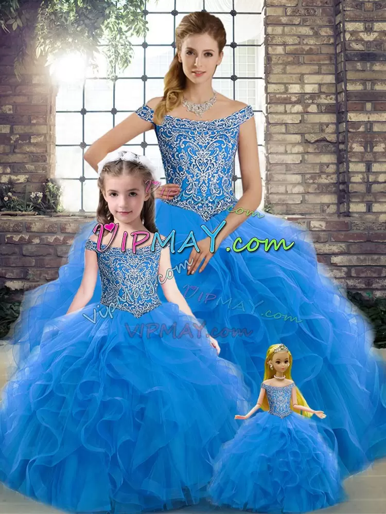 Blue Quinceanera Dresses Military Ball and Sweet 16 and Quinceanera with Beading and Ruffles Off The Shoulder Sleeveless Brush Train Lace Up