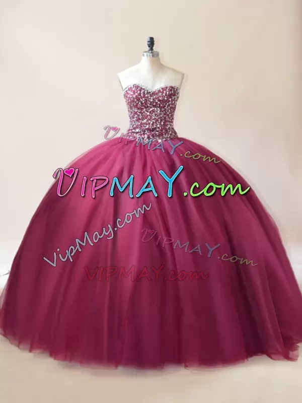 Sexy Tulle Sweetheart Sleeveless Lace Up Beading Quinceanera Dresses in Burgundy