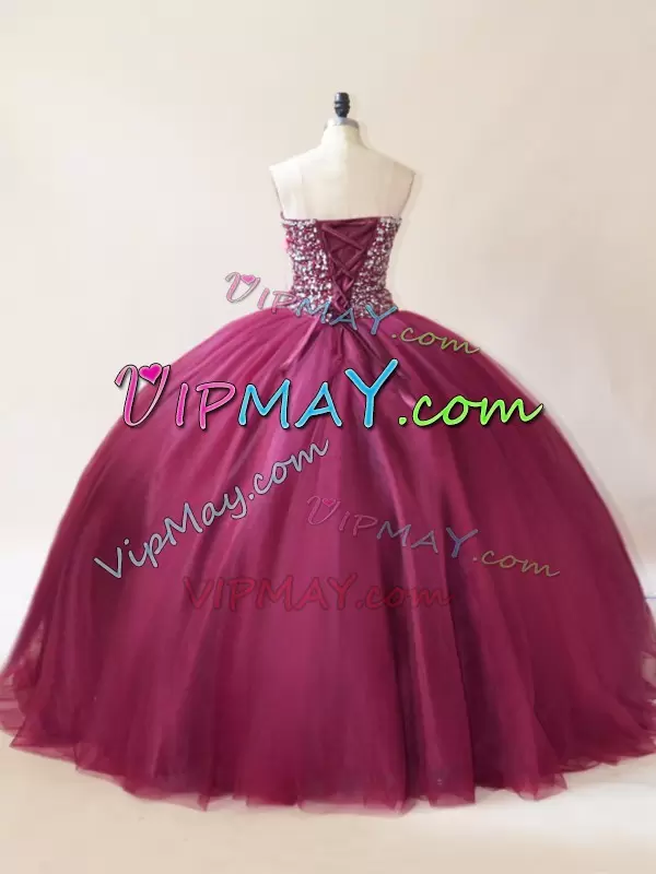 Sexy Tulle Sweetheart Sleeveless Lace Up Beading Quinceanera Dresses in Burgundy