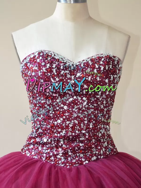 Sexy Tulle Sweetheart Sleeveless Lace Up Beading Quinceanera Dresses in Burgundy