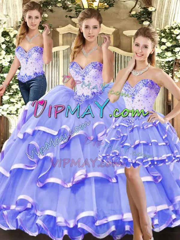 Admirable Sweetheart Sleeveless Tulle 15th Birthday Dress Beading and Ruffled Layers Lace Up