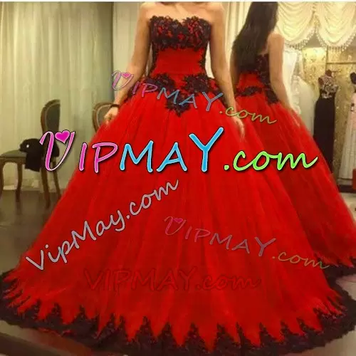 Ball Gowns Sweet 16 Dress Red Sweetheart Tulle Sleeveless Floor Length Lace Up