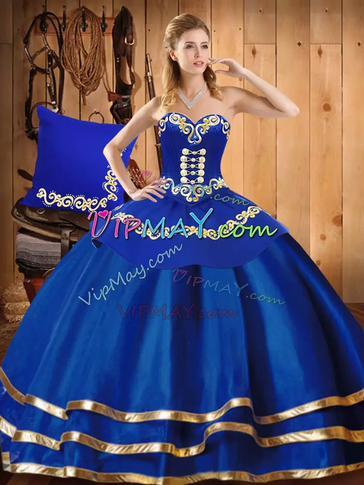 Blue Lace Up Vestidos de Quinceanera Embroidery Sleeveless Floor Length