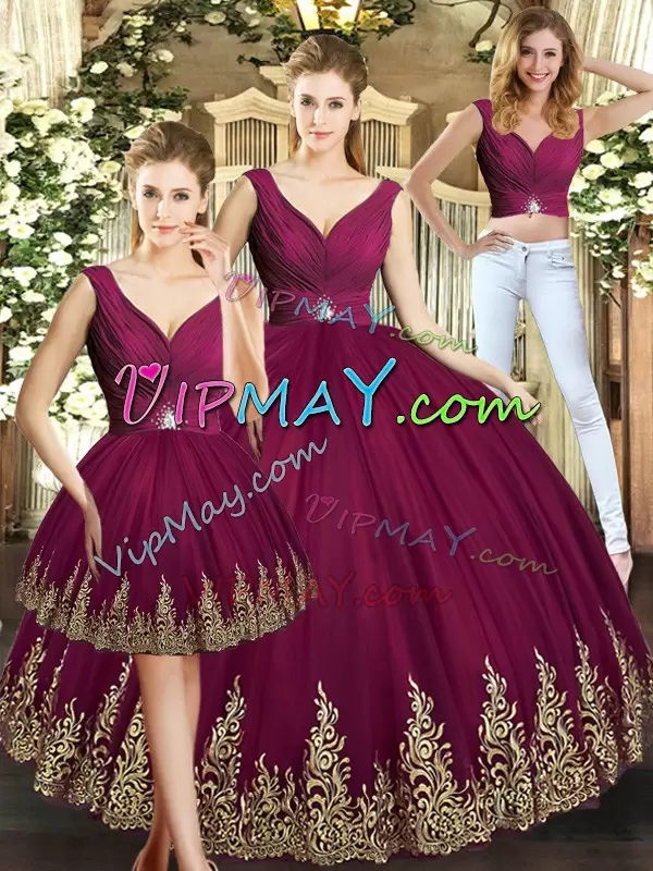 Burgundy Sleeveless Floor Length Beading and Appliques Backless Vestidos de Quinceanera V-neck