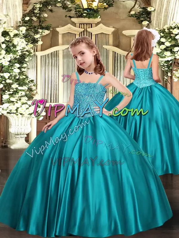Sweetheart Sleeveless Lace Up Quinceanera Gown Teal Organza Beading
