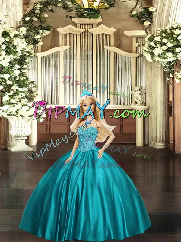 Sweetheart Sleeveless Lace Up Quinceanera Gown Teal Organza Beading