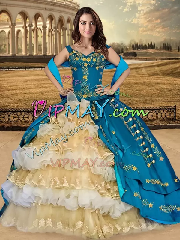 Multi-color Off The Shoulder Lace Up Appliques and Embroidery and Ruffled Layers 15th Birthday Dress Sleeveless