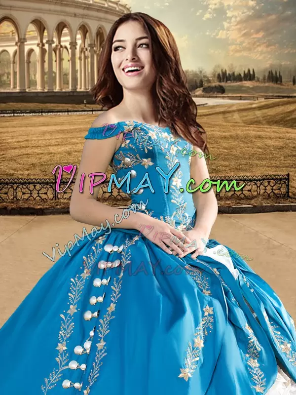 Multi-color Off The Shoulder Lace Up Appliques and Embroidery and Ruffled Layers 15th Birthday Dress Sleeveless