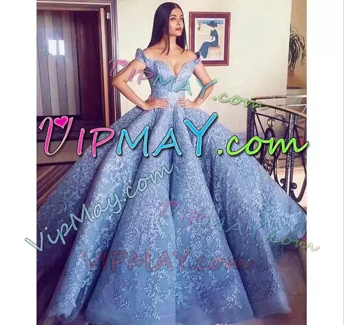 Fashionable Blue Off The Shoulder Neckline Lace Ball Gown Prom Dress Sleeveless Zipper