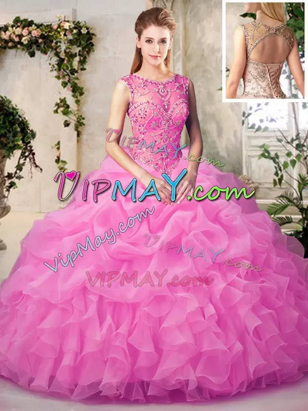 Ball Gowns 15 Quinceanera Dress Rose Pink Scoop Organza Sleeveless Floor Length Lace Up