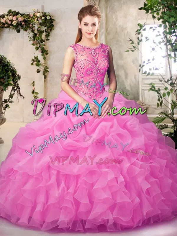 Ball Gowns 15 Quinceanera Dress Rose Pink Scoop Organza Sleeveless Floor Length Lace Up