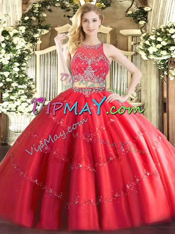 Red Sleeveless Tulle Zipper Quinceanera Dresses for Military Ball and Sweet 16 and Quinceanera