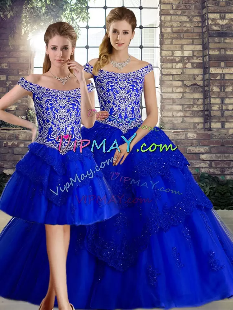 Traditional Sleeveless Tulle Brush Train Lace Up Sweet 16 Dresses in Royal Blue with Beading and Lace
