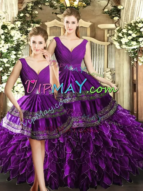 Affordable Purple Backless 15 Quinceanera Dress Beading and Embroidery and Ruffles Sleeveless Floor Length