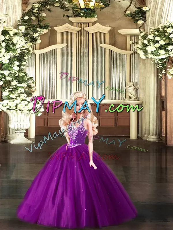 Sleeveless Floor Length Beading Lace Up Quinceanera Dress with Purple