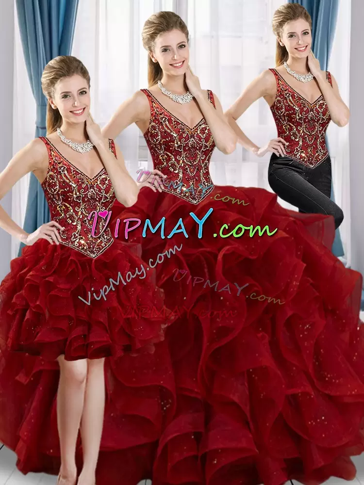 Top Selling Wine Red V-neck Neckline Beading and Ruffles Quinceanera Gown Sleeveless Lace Up