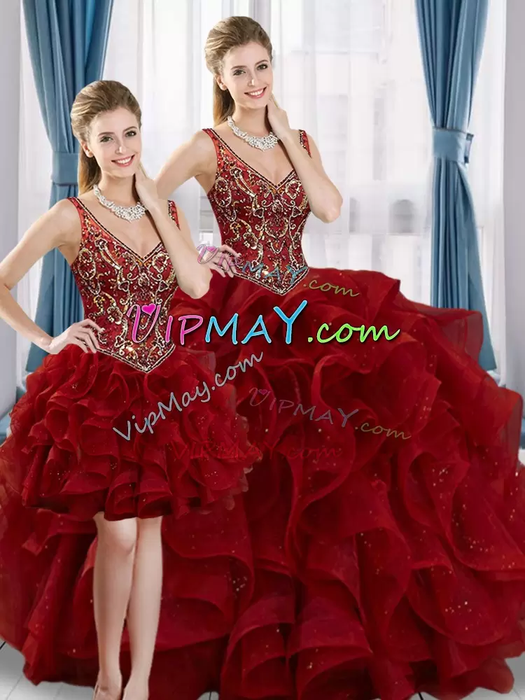 Top Selling Wine Red V-neck Neckline Beading and Ruffles Quinceanera Gown Sleeveless Lace Up