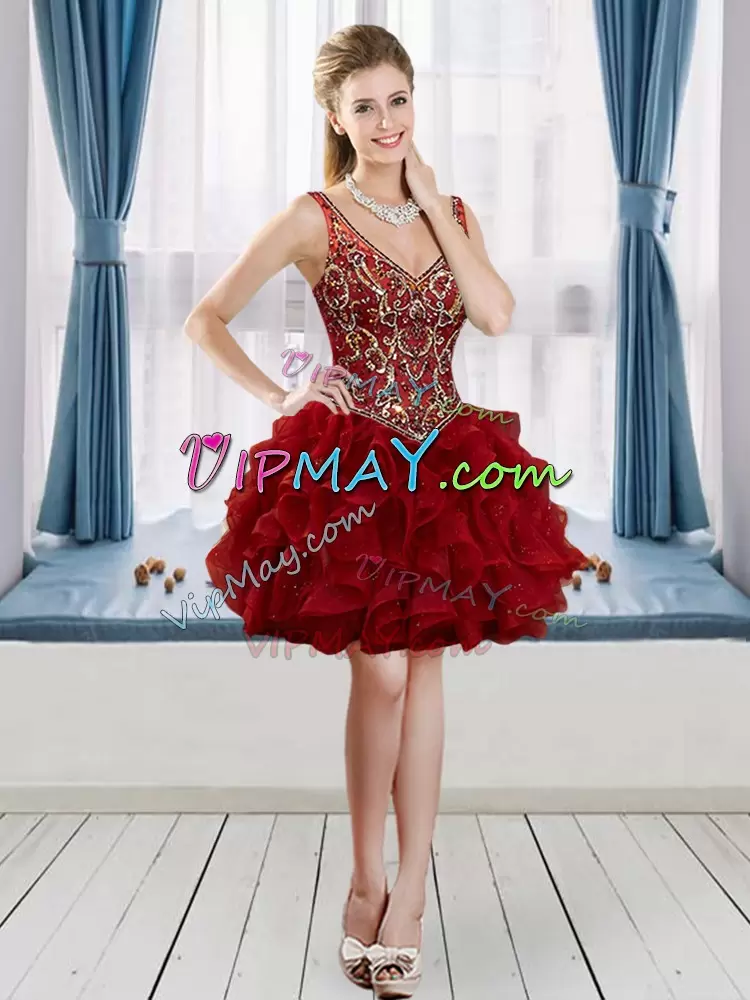 Top Selling Wine Red V-neck Neckline Beading and Ruffles Quinceanera Gown Sleeveless Lace Up