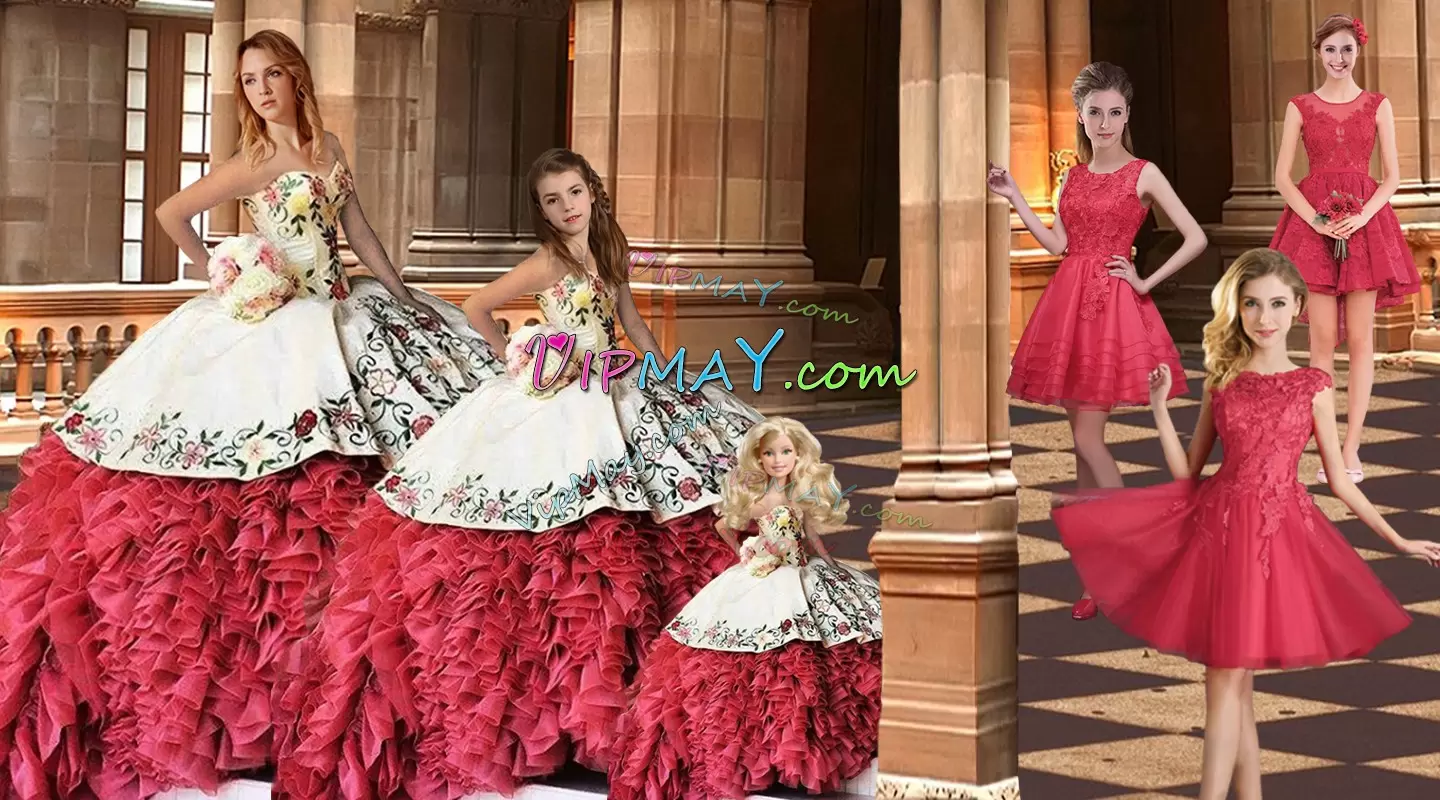 White And Red Lace Up Ball Gown Prom Dress Embroidery and Ruffles Sleeveless Brush Train