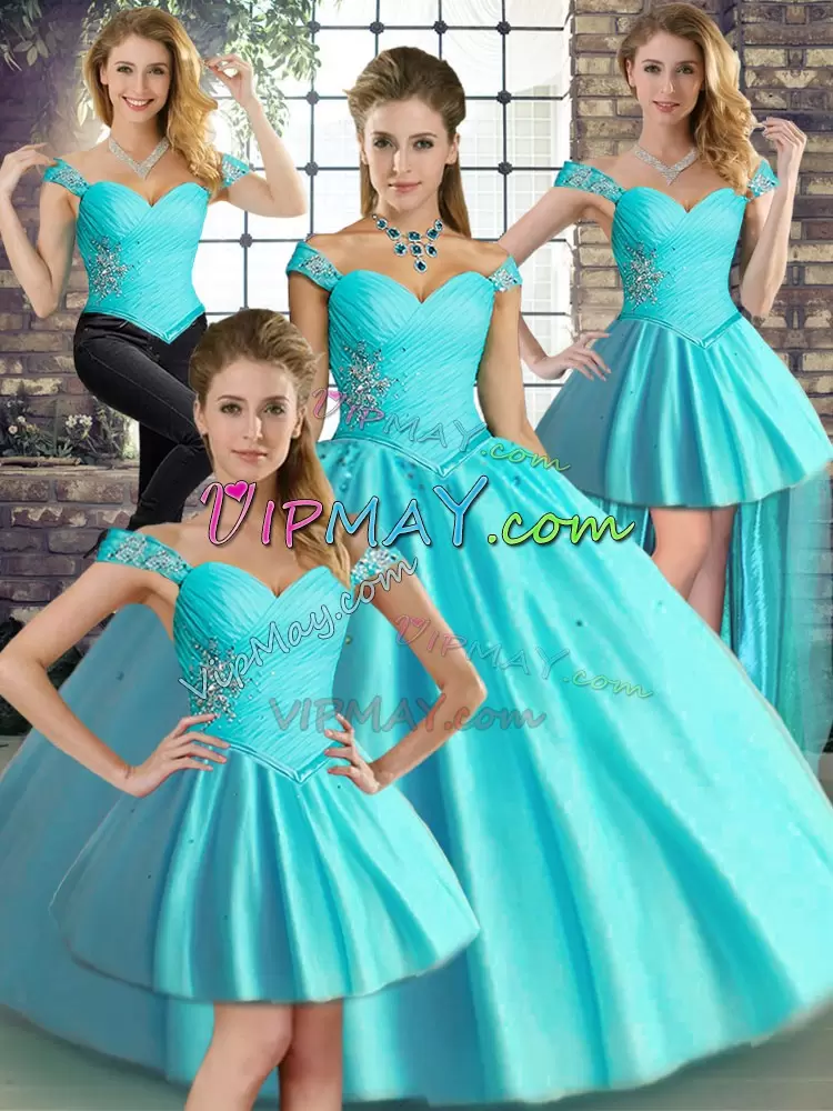 Sleeveless Floor Length Beading Lace Up 15th Birthday Dress with Aqua Blue