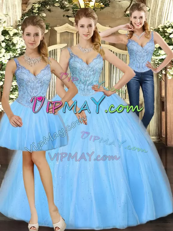 Suitable Baby Blue Lace Up 15th Birthday Dress Beading Sleeveless Floor Length